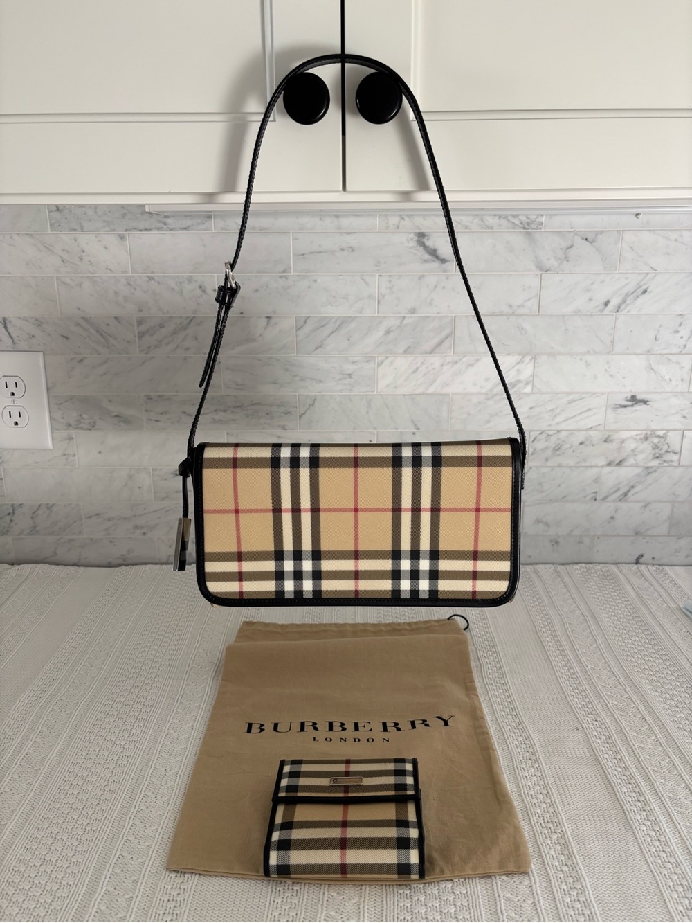 Burberry Nova Check Baguette Trimmed in Black Leather w/ Matching Wallet EUC